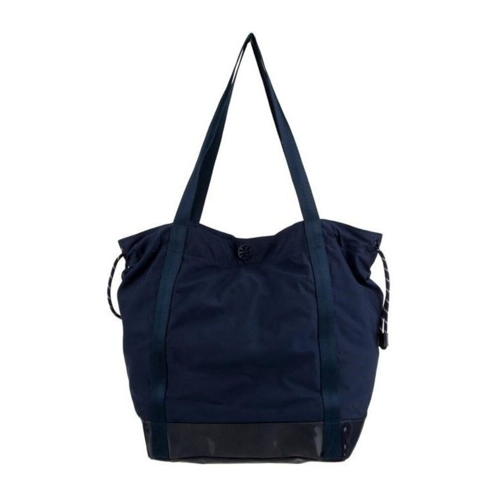Tory Burch Nylon Tote Bag Navy Blue Patent Leather Trim Travel Work Shopper